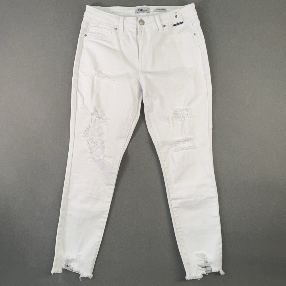 Women's YMI Dream Jeans Mid Rise Ankle Ripped Distressed Jeans White Size 9